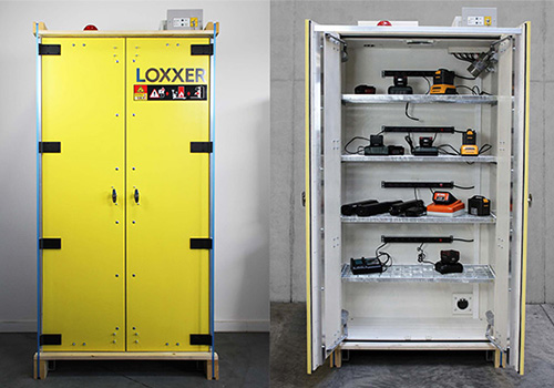 Loxxer armoire de stockage ignifuge pour batteries lithium-ion - devant et à l'intérieur