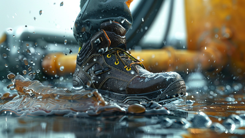 Chaussure de travail dans une flaque d'eau